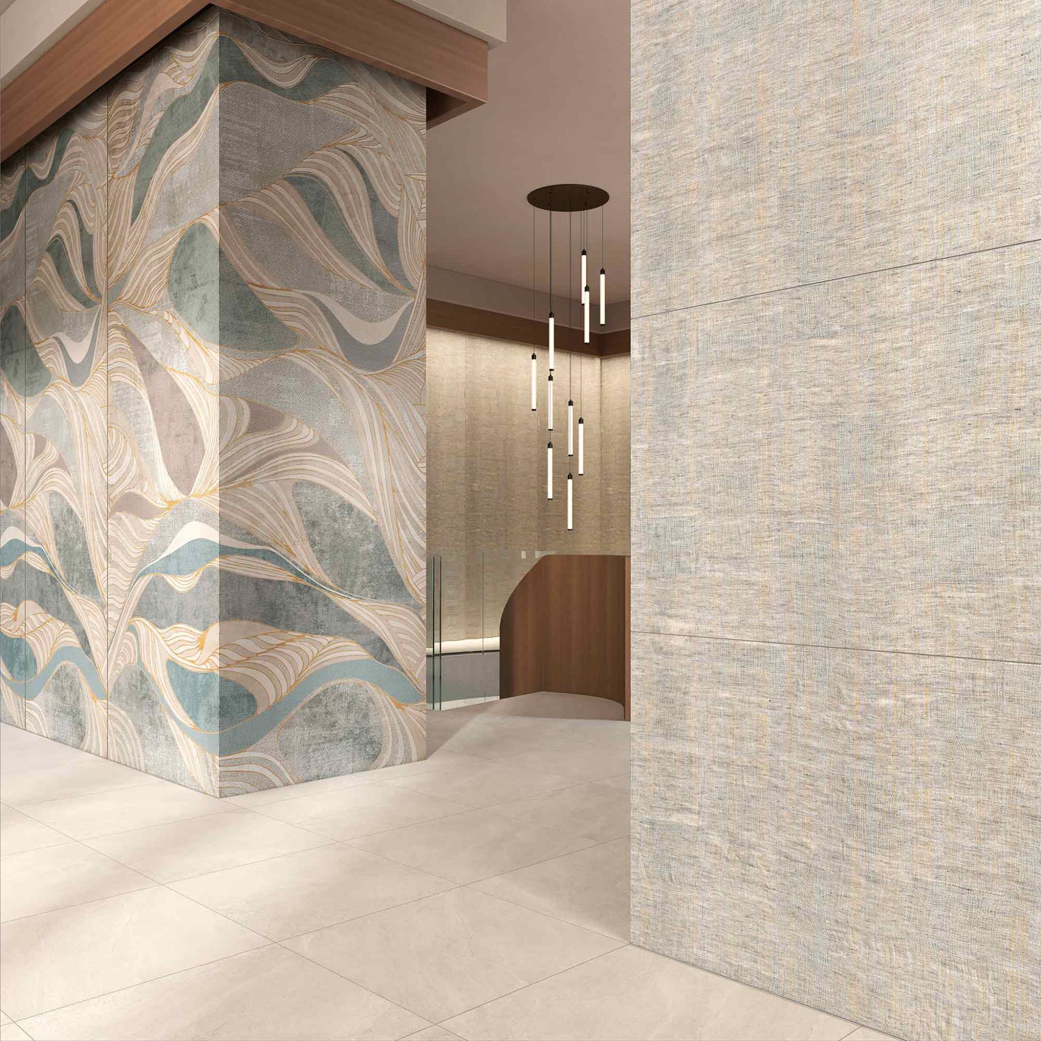 Tecnografica Itaca Waves decorative panels with coordinated architectural surfaces